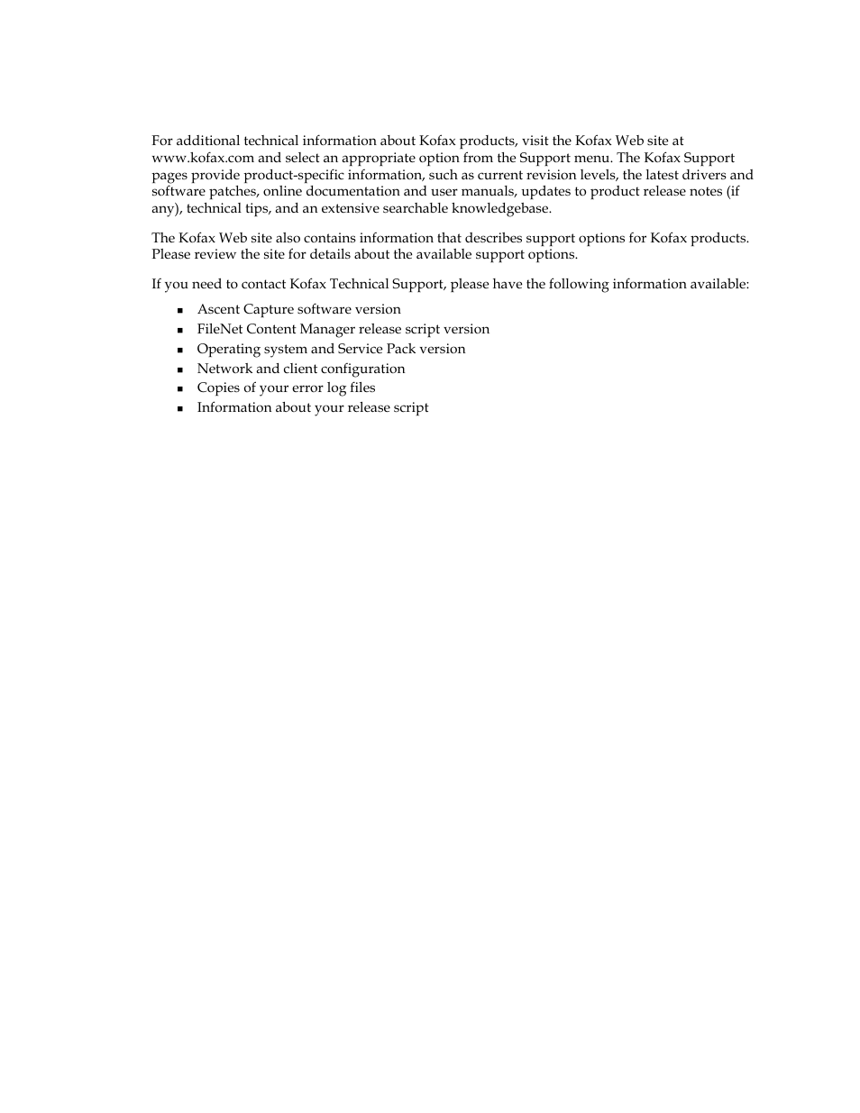 Appendix c – kofax technical support | Kofax Ascen 7.1 Release Script for FileNet Content Manager 4.0 User Manual | Page 47 / 48