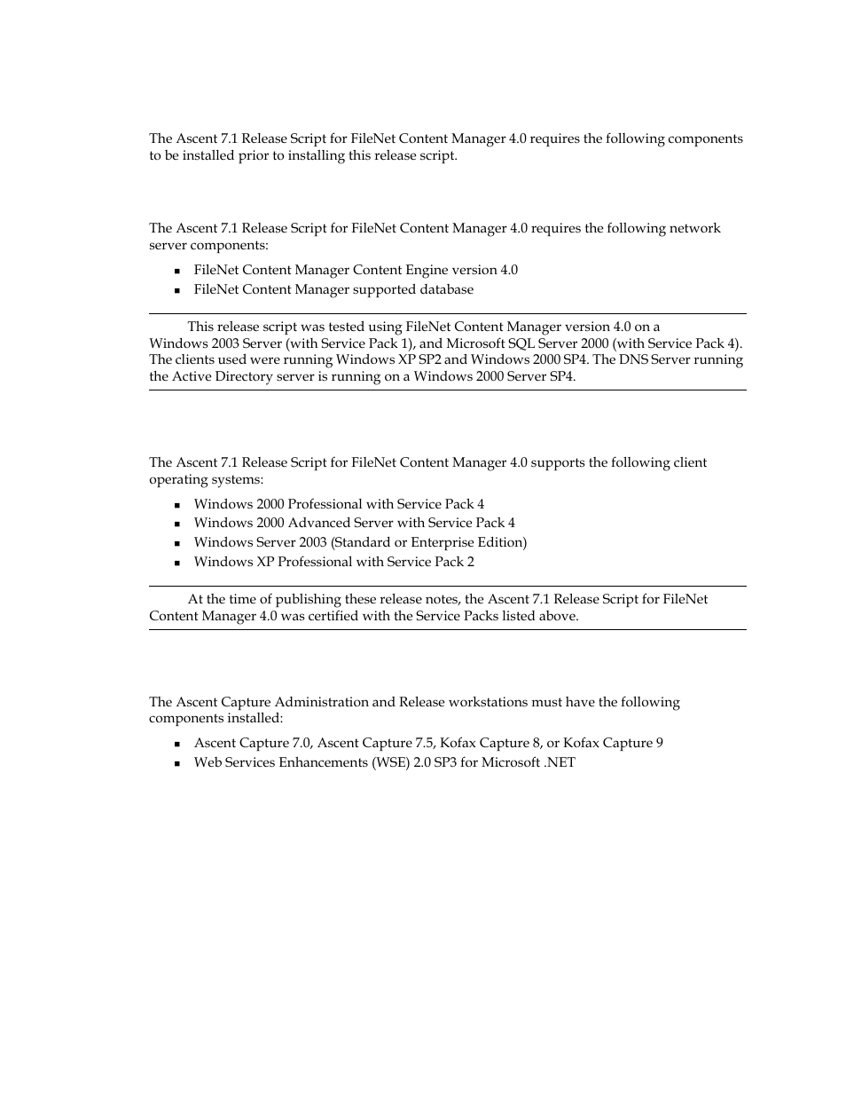 System requirements, Filenet content manager server support, Client operating system support | Kofax Ascen 7.1 Release Script for FileNet Content Manager 4.0 User Manual | Page 8 / 48