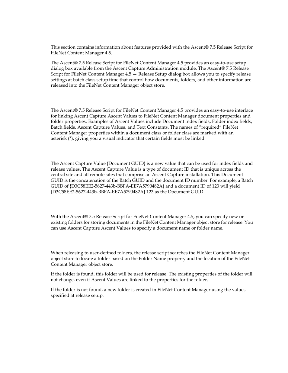 Features, Ascent values / filenet content manager properties, Ascent capture value {document guid | Document storage, Folder creation | Kofax Ascen 7.5 Release Script for FileNet Content Manager 4.5 User Manual | Page 11 / 42