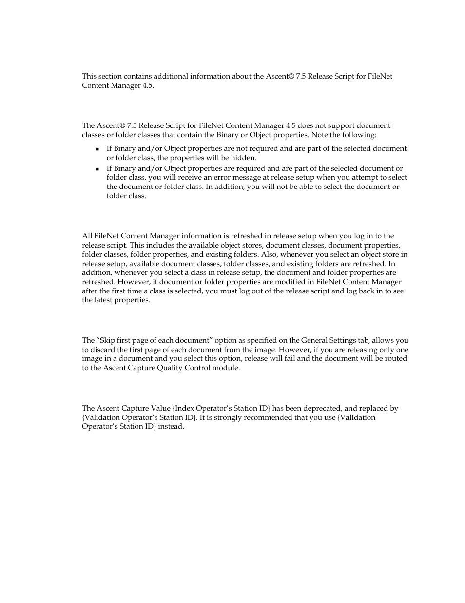 Additional information, Binary and object properties not supported, Index operator’s station id} ascent capture value | Kofax Ascen 7.5 Release Script for FileNet Content Manager 4.5 User Manual | Page 15 / 42