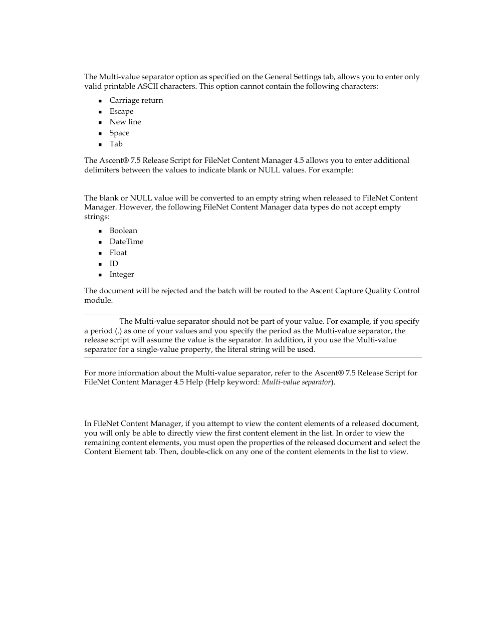 Multi-value separator option, Viewing content elements | Kofax Ascen 7.5 Release Script for FileNet Content Manager 4.5 User Manual | Page 17 / 42