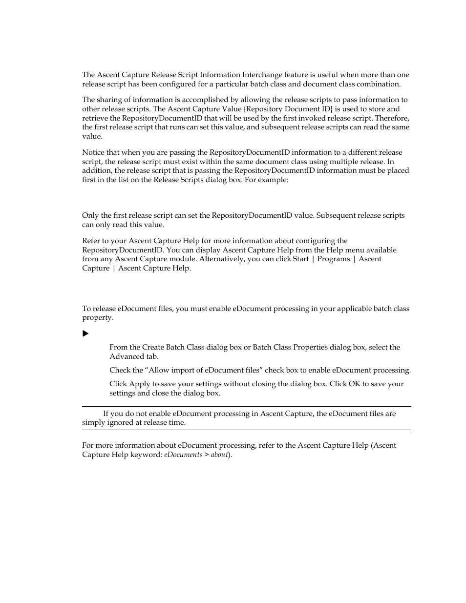 Sharing data among release scripts, Enable edocument processing | Kofax Ascen 7.5 Release Script for FileNet Content Manager 4.5 User Manual | Page 22 / 42