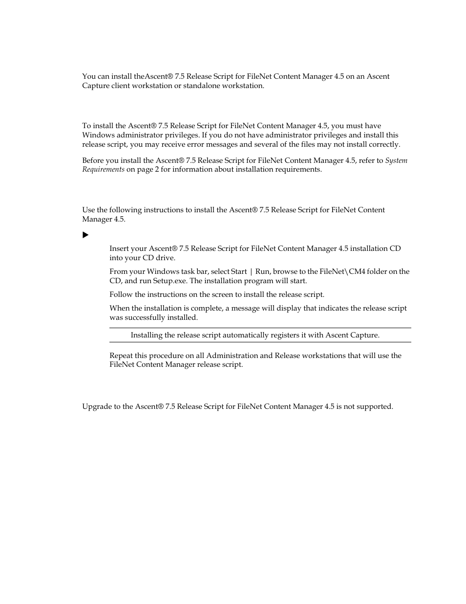 Installing the release script, Important note about installation, Installation instructions | Upgrading the release script, Installing the release script on, Script. refer to installing the release script on | Kofax Ascen 7.5 Release Script for FileNet Content Manager 4.5 User Manual | Page 25 / 42