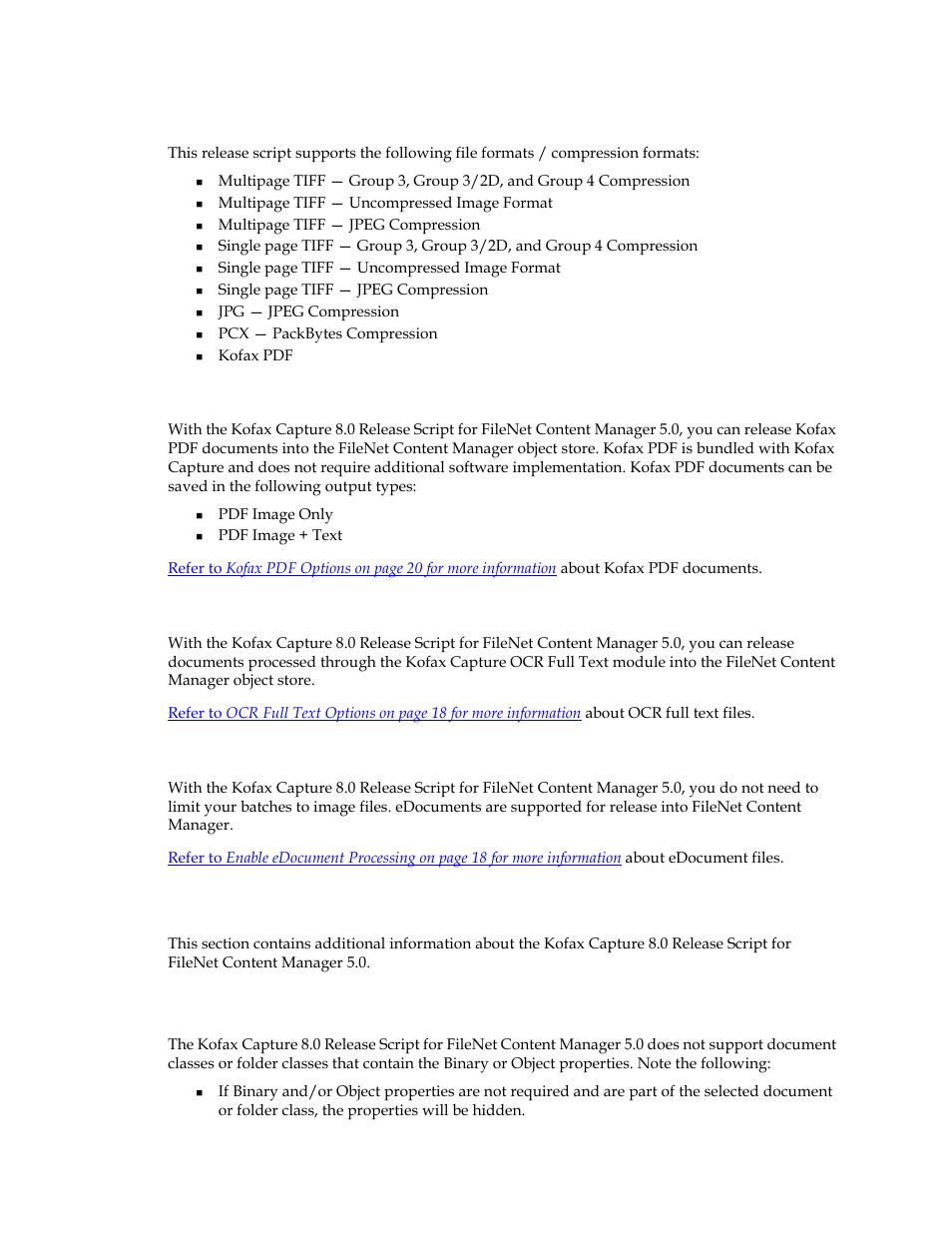 Image support, Kofax pdf support, Ocr full text support | Edocument support, Additional information, Binary and object properties not supported | Kofax Capture 8.0 Release Script for FileNet Content Manager 5.0 User Manual | Page 11 / 30