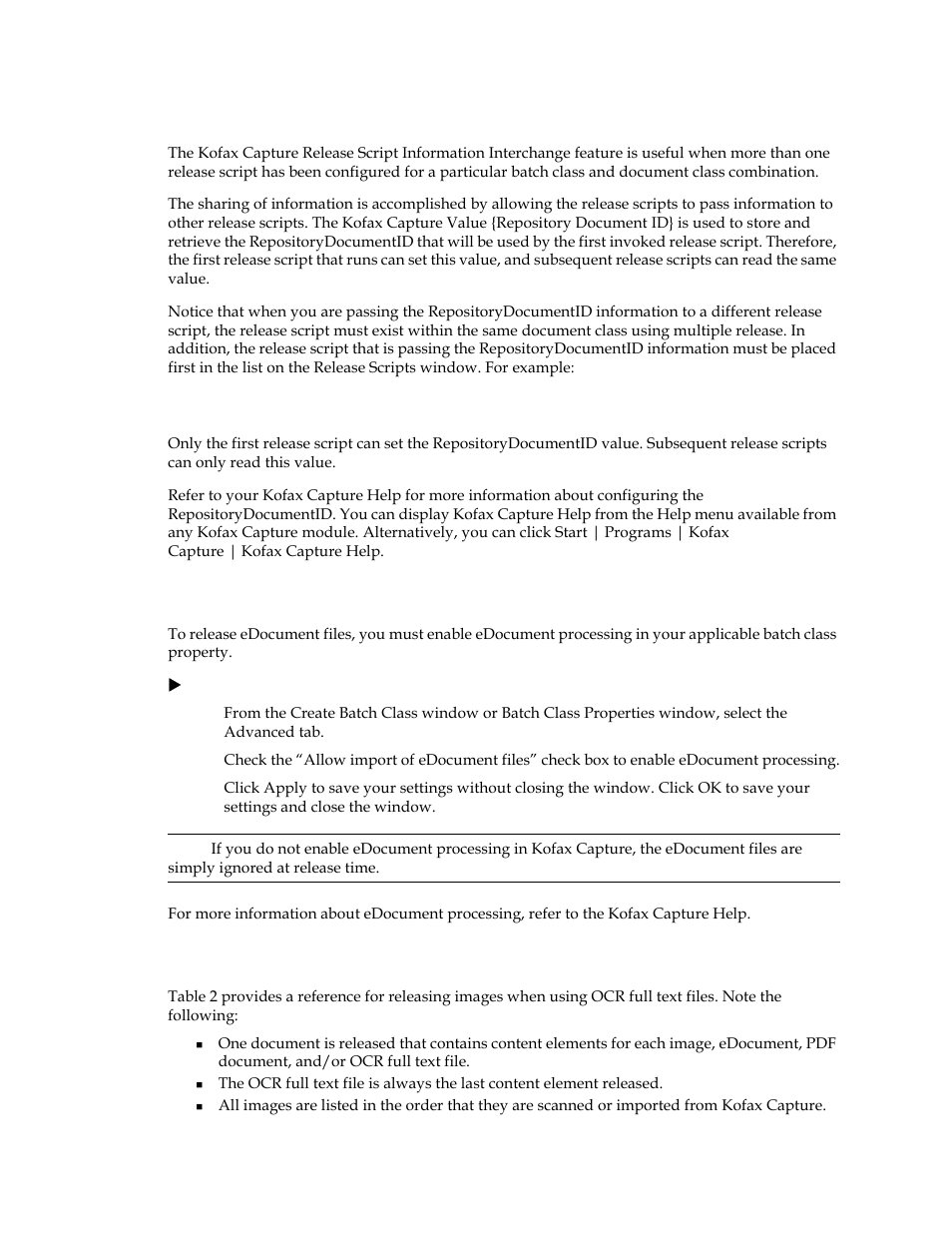 Sharing data among release scripts, Enable edocument processing, Ocr full text options | For more, About, About e | Kofax Capture 8.0 Release Script for FileNet Content Manager 5.0 User Manual | Page 18 / 30