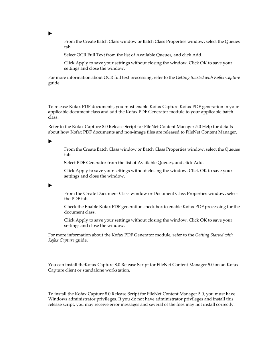 Kofax pdf options, Installing the release script, Important note about installation | Installing the release script on, Refer to installing the release script on, About | Kofax Capture 8.0 Release Script for FileNet Content Manager 5.0 User Manual | Page 20 / 30