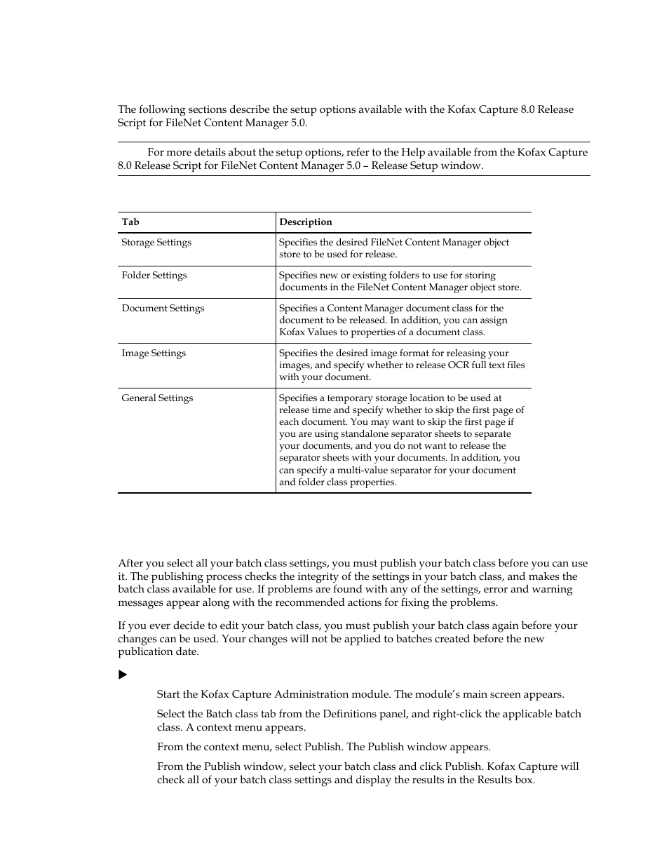 Setting up the release script, Publishing a batch class | Kofax Capture 8.0 Release Script for FileNet Content Manager 5.0 User Manual | Page 24 / 30