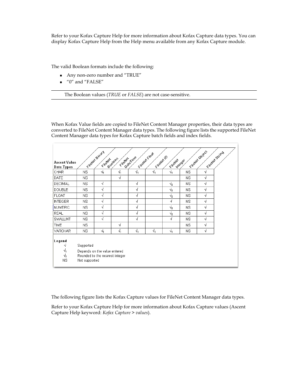 Valid boolean formats, Kofax value data types, Kofax capture values | Kofax Capture 8.0 Release Script for FileNet Content Manager 5.0 User Manual | Page 26 / 30