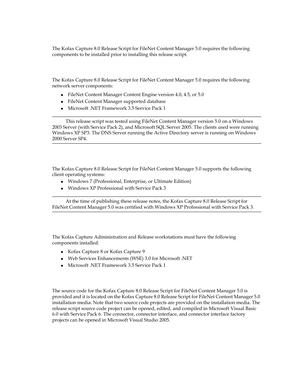 System requirements, Filenet content manager server support, Client operating system support | Source code | Kofax Capture 8.0 Release Script for FileNet Content Manager 5.0 User Manual | Page 6 / 30