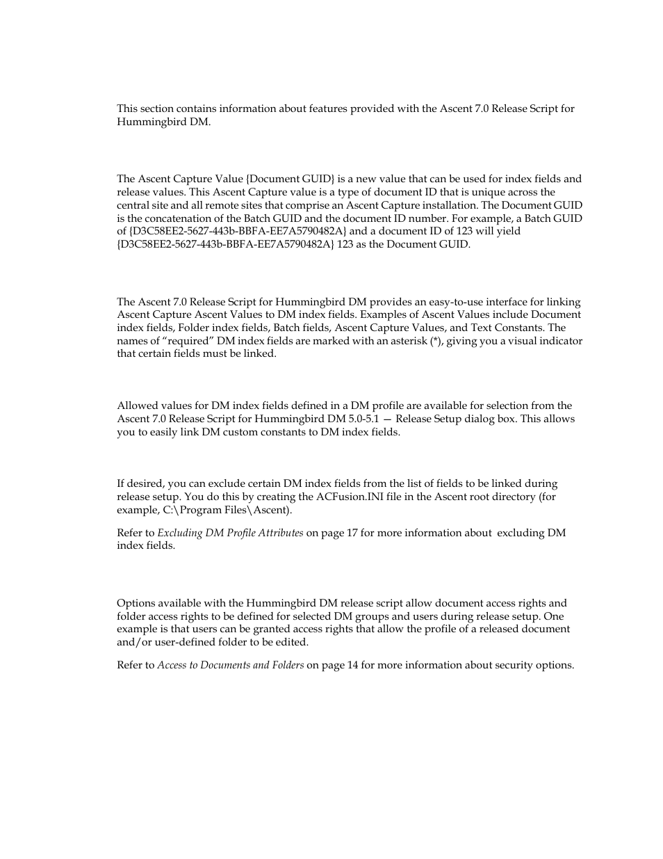 Features, Ascent capture value {document guid, Ascent values / dm index fields | Dm custom constants, Excluding dm index fields, Security, Dm custom constants excluding dm index fields | Kofax Ascen 7.0 Release Script for Hummingbird DM 5.0-5.1 User Manual | Page 10 / 46