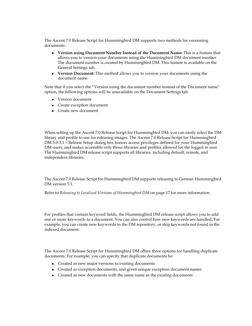 Versioning options, Dm libraries and profiles, German dm 5.1 support | Keywords, Duplicate documents | Kofax Ascen 7.0 Release Script for Hummingbird DM 5.0-5.1 User Manual | Page 11 / 46