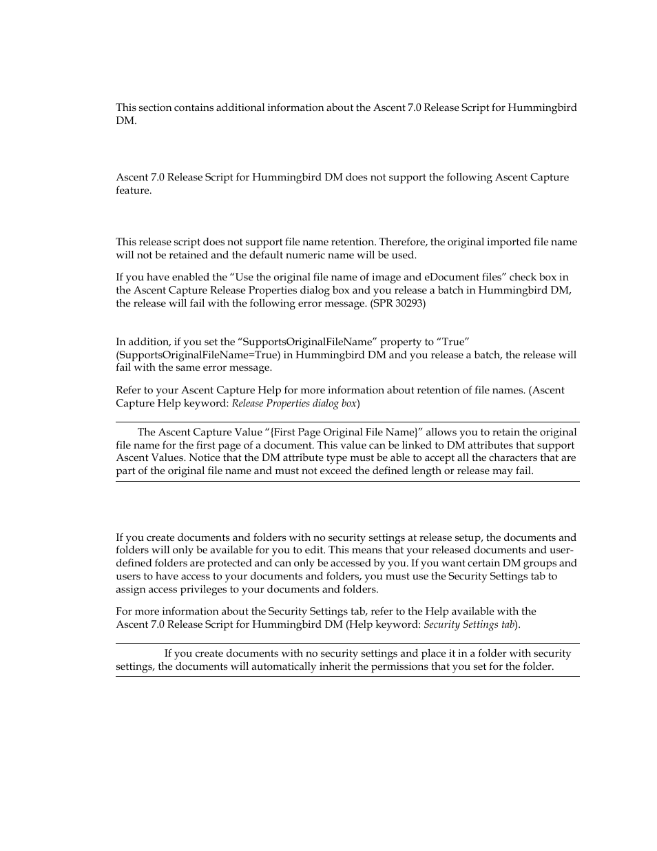 Additional information, Unsupported ascent capture features, File name retention | Access to documents and folders | Kofax Ascen 7.0 Release Script for Hummingbird DM 5.0-5.1 User Manual | Page 14 / 46