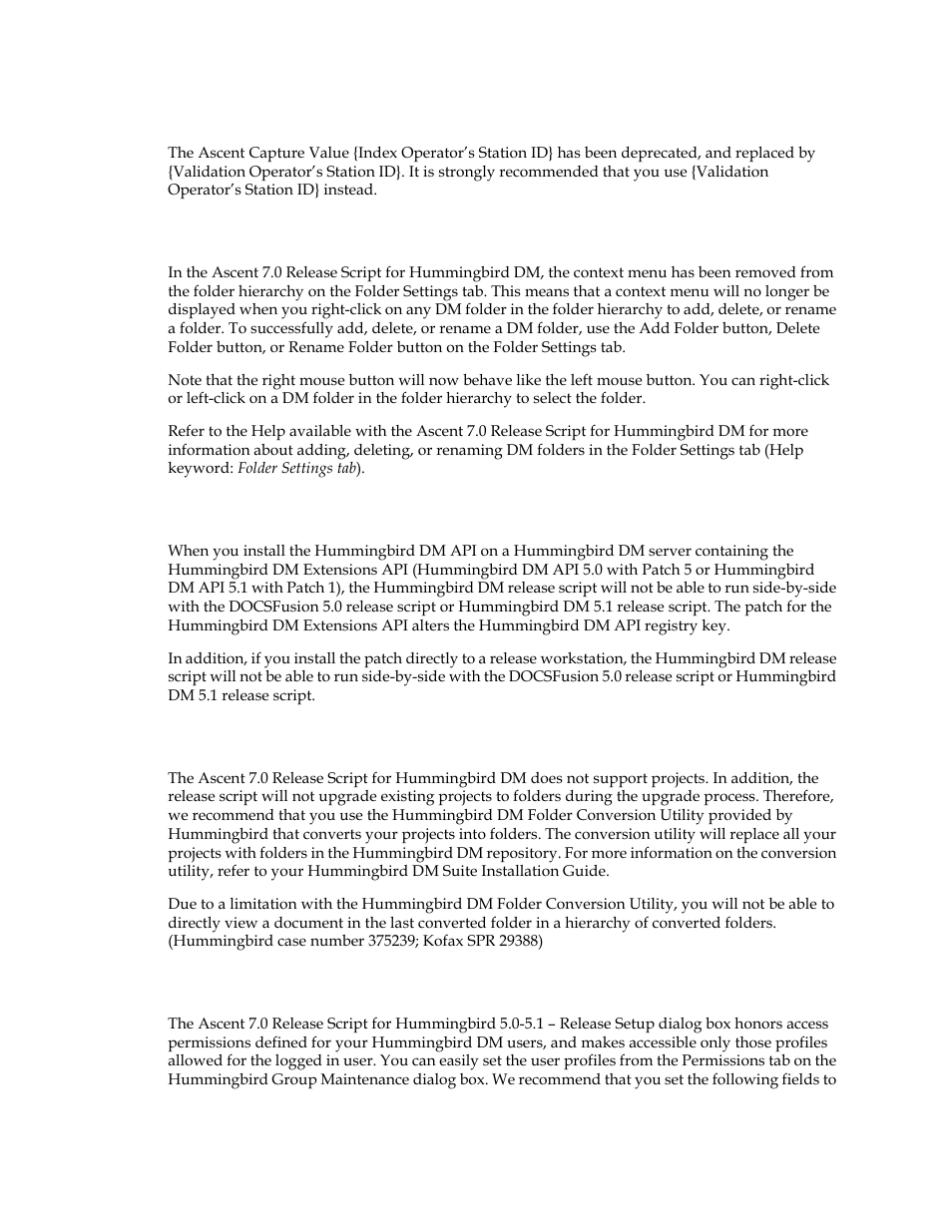 Index operator’s station id} ascent capture values, Context menu removed from the folder hierarchy, Hummingbird dm extensions api patch | Hummingbird dm projects, Hummingbird dm user permissions | Kofax Ascen 7.0 Release Script for Hummingbird DM 5.0-5.1 User Manual | Page 15 / 46