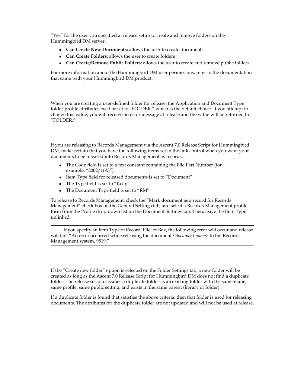 Application and document type fields, Releasing to records management, Search criteria for duplicate folders | Kofax Ascen 7.0 Release Script for Hummingbird DM 5.0-5.1 User Manual | Page 16 / 46