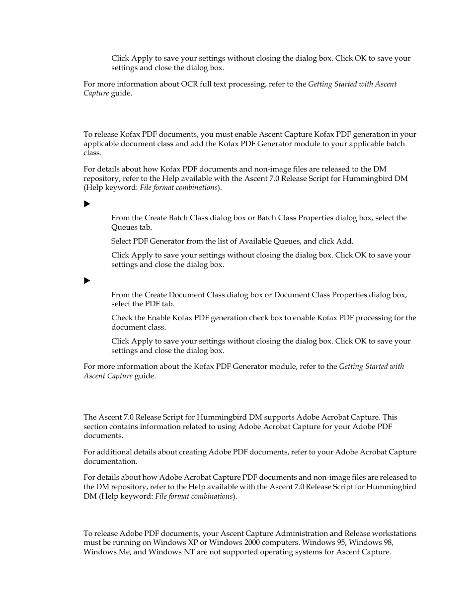 Kofax pdf options, Adobe acrobat capture options, Operating system requirements for ascent capture | Kofax pdf options adobe acrobat capture options | Kofax Ascen 7.0 Release Script for Hummingbird DM 5.0-5.1 User Manual | Page 20 / 46