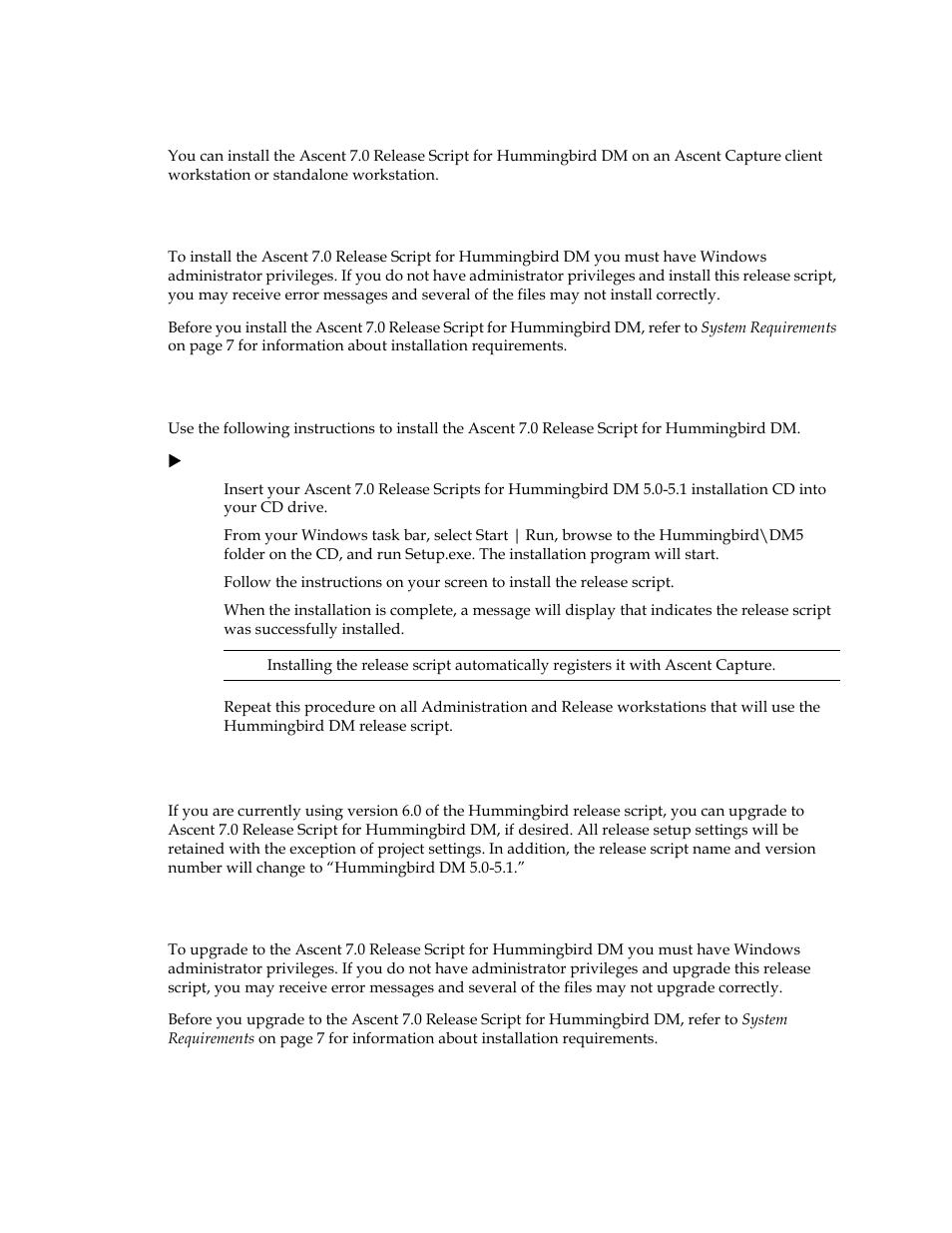 Installing the release script, Important note about installation, Installation instructions | Upgrading the release script, Important note about upgrade | Kofax Ascen 7.0 Release Script for Hummingbird DM 5.0-5.1 User Manual | Page 23 / 46
