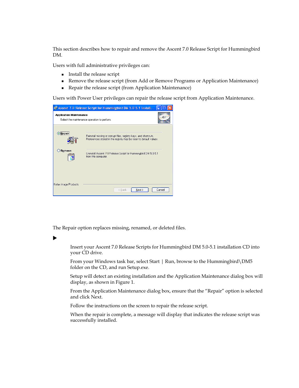 Application maintenance, Repairing the release script | Kofax Ascen 7.0 Release Script for Hummingbird DM 5.0-5.1 User Manual | Page 25 / 46