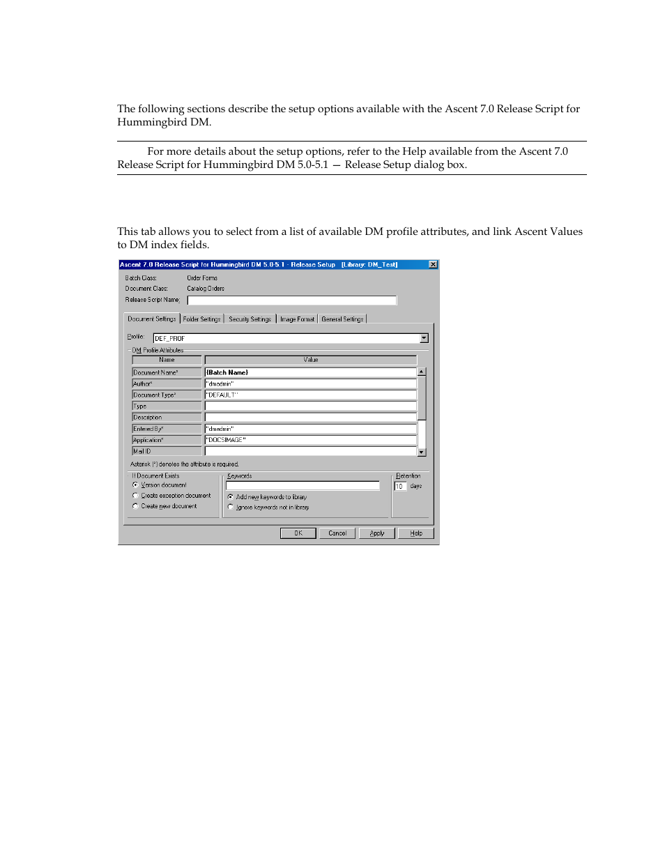 Setting up the release script, Document settings tab | Kofax Ascen 7.0 Release Script for Hummingbird DM 5.0-5.1 User Manual | Page 30 / 46