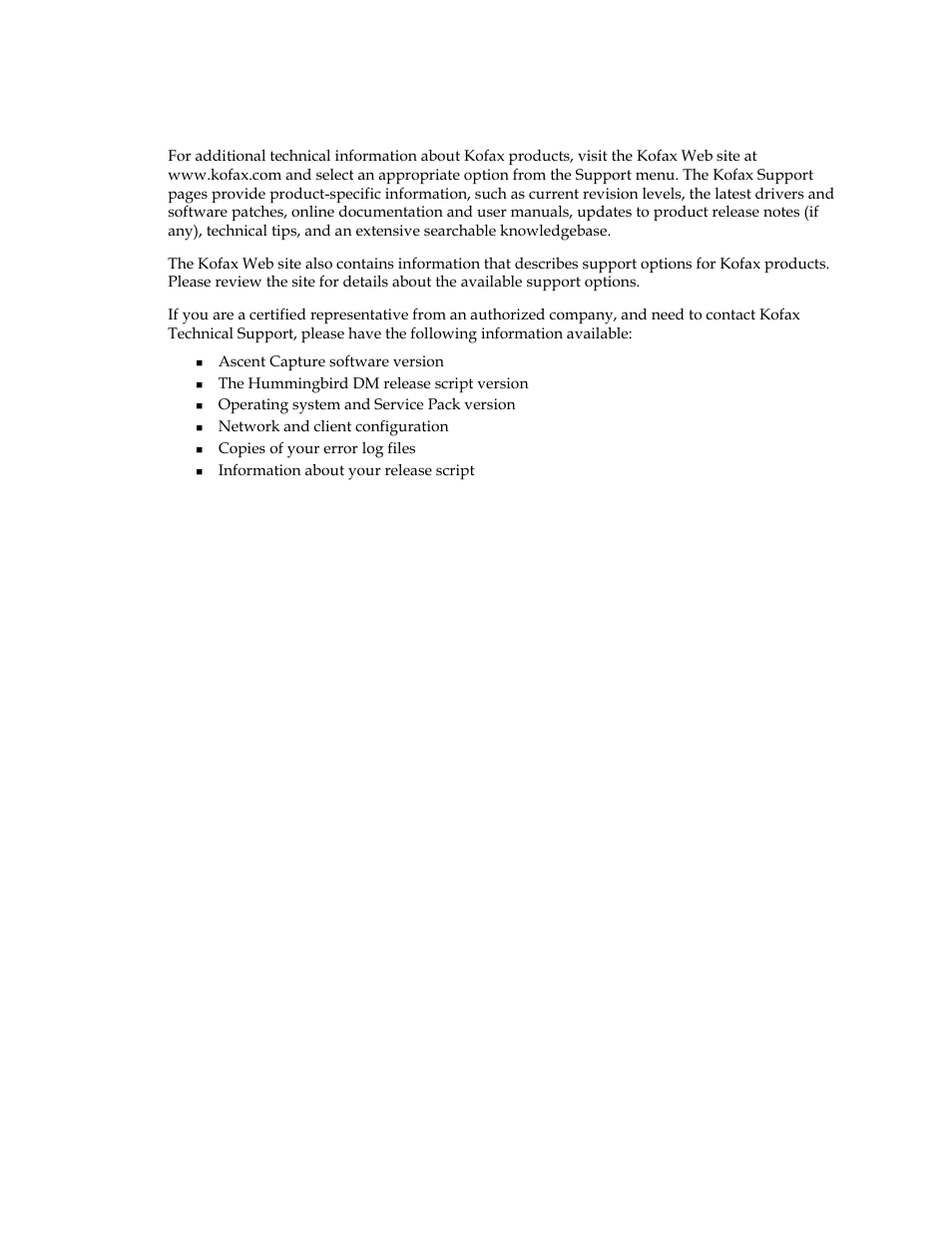 Appendix b – kofax technical support | Kofax Ascen 7.0 Release Script for Hummingbird DM 5.0-5.1 User Manual | Page 46 / 46