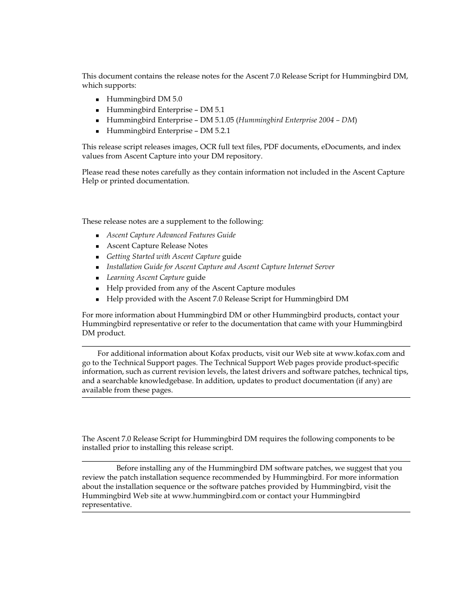 Introduction, Additional documentation, System requirements | Kofax Ascen 7.0 Release Script for Hummingbird DM 5.0-5.1 User Manual | Page 7 / 46