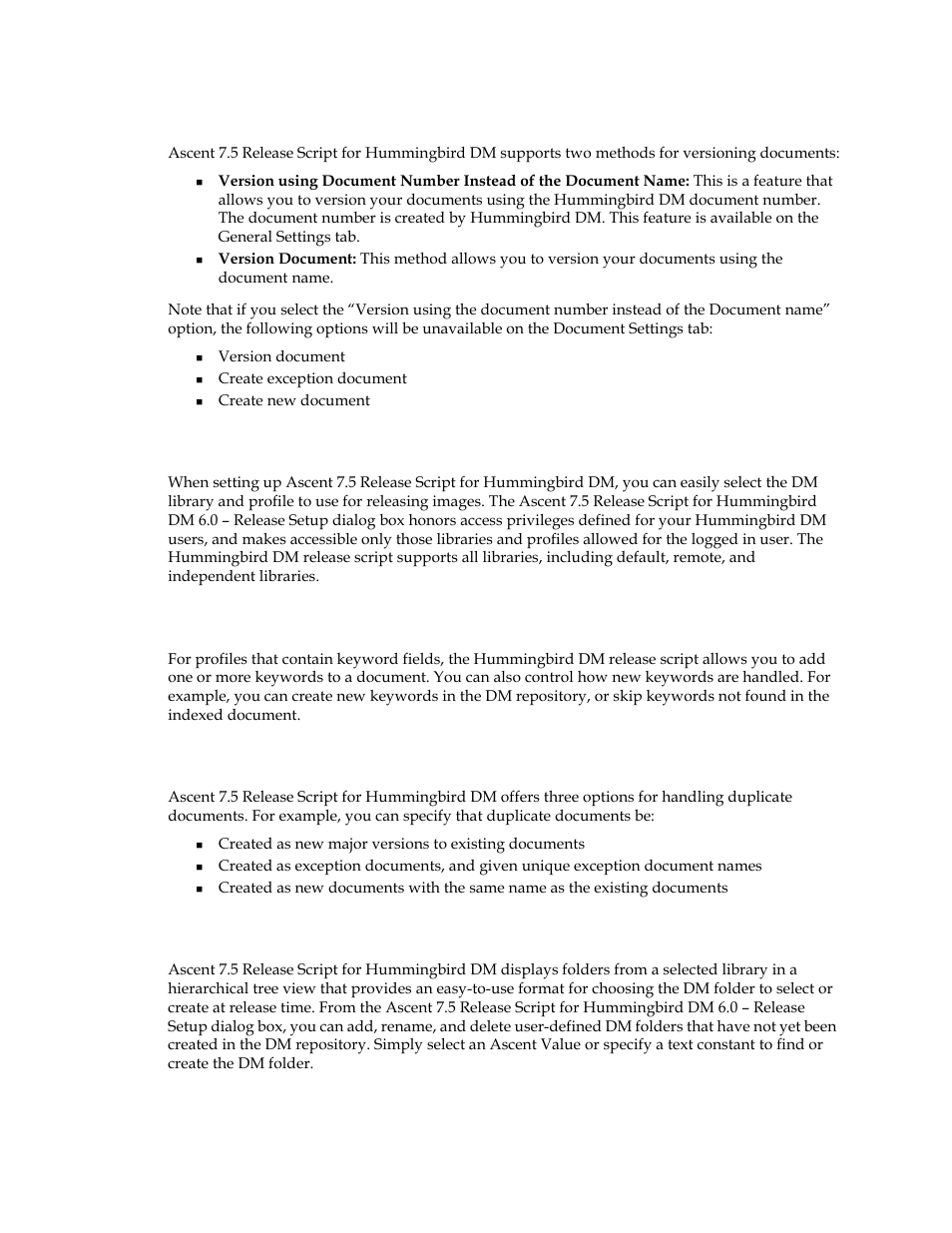 Versioning options, Dm libraries and profiles, Keywords | Duplicate documents, Folder support | Kofax Ascen 7.5 Release Script for Hummingbird DM 6.0 User Manual | Page 11 / 45