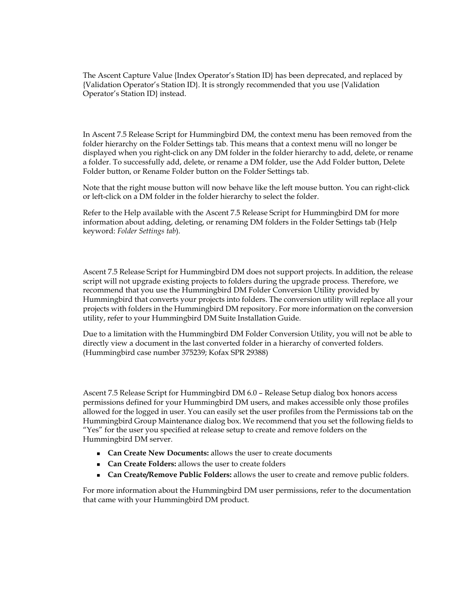 Index operator’s station id} ascent capture values, Context menu removed from the folder hierarchy, Hummingbird dm projects | Hummingbird dm user permissions | Kofax Ascen 7.5 Release Script for Hummingbird DM 6.0 User Manual | Page 15 / 45