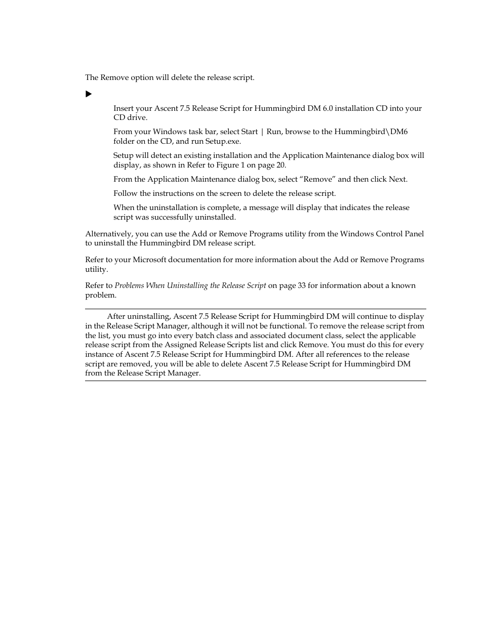 Removing the release script, Refer to removing the release script on | Kofax Ascen 7.5 Release Script for Hummingbird DM 6.0 User Manual | Page 27 / 45