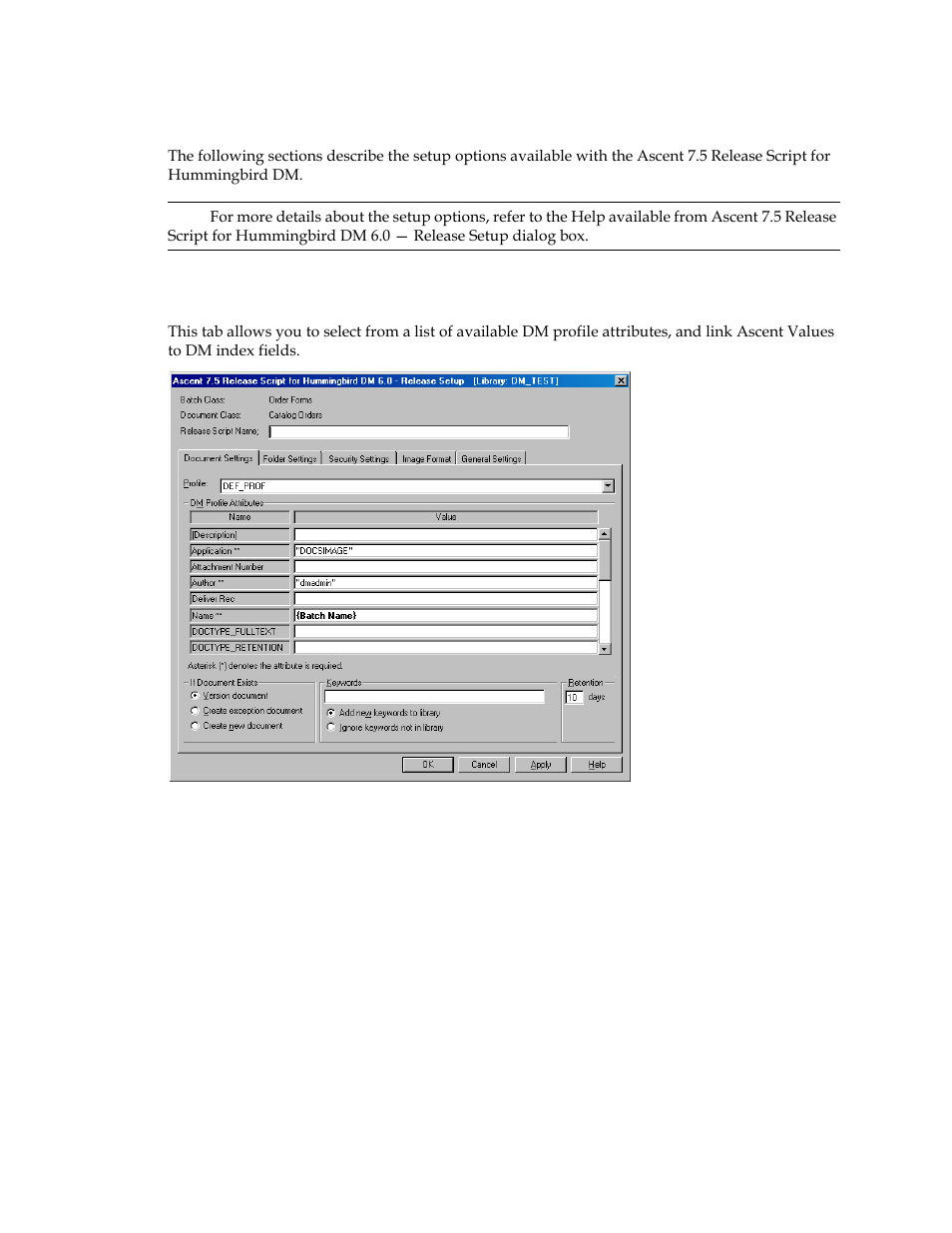 Setting up the release script, Document settings tab | Kofax Ascen 7.5 Release Script for Hummingbird DM 6.0 User Manual | Page 31 / 45