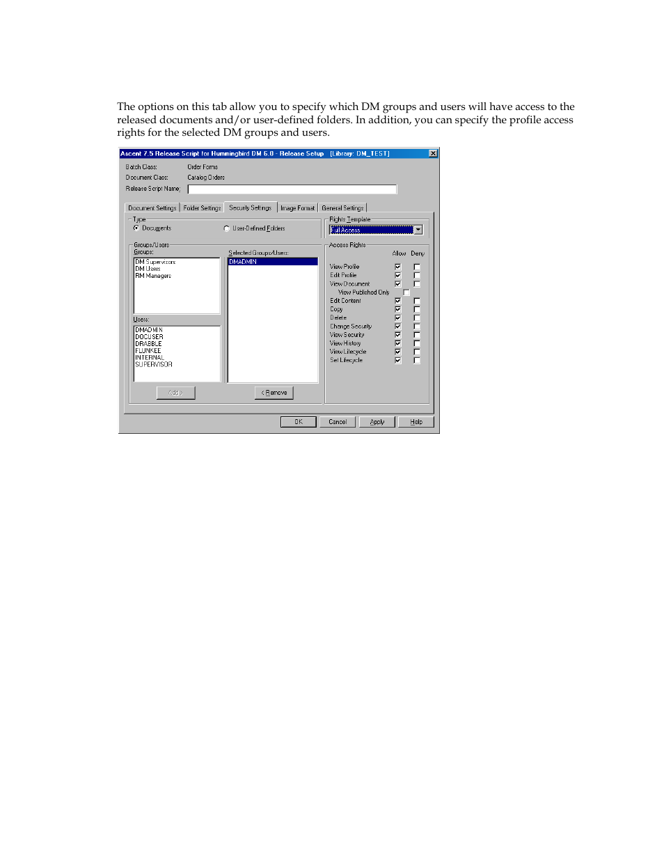 Security settings tab | Kofax Ascen 7.5 Release Script for Hummingbird DM 6.0 User Manual | Page 33 / 45