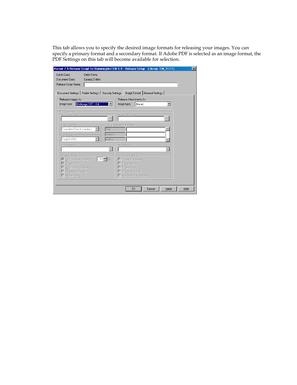 Image format tab | Kofax Ascen 7.5 Release Script for Hummingbird DM 6.0 User Manual | Page 34 / 45