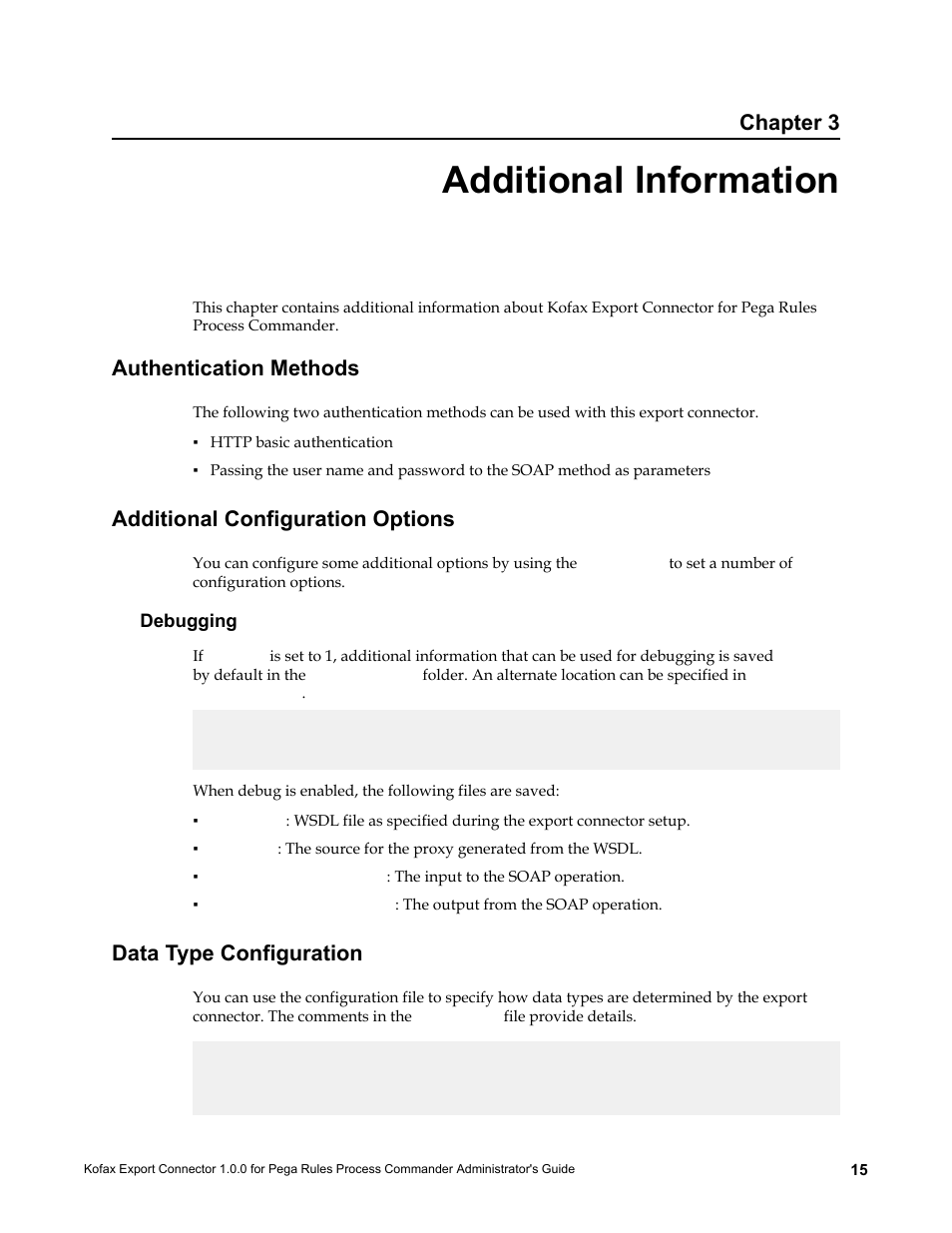 Additional information, Authentication methods, Additional configuration options | Debugging, Data type configuration, Chapter 3 | Kofax Export Connector 1.0.0 for Pega Rules Process Commander User Manual | Page 15 / 18