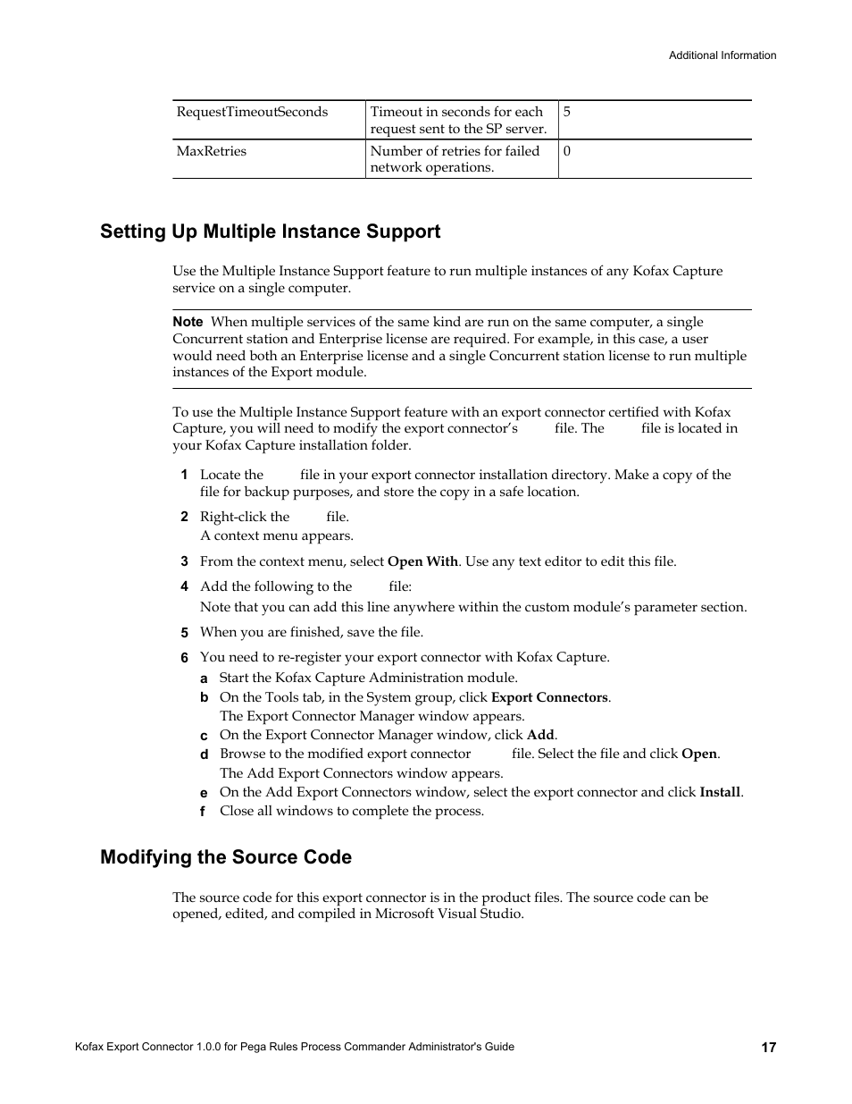 Setting up multiple instance support, Modifying the source code | Kofax Export Connector 1.0.0 for Pega Rules Process Commander User Manual | Page 17 / 18