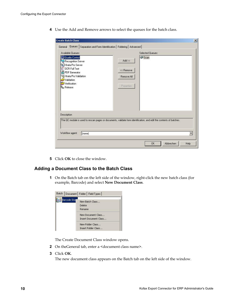 Adding a document class to the batch class | Kofax Export Connector for ERP 2.4.9 User Manual | Page 10 / 84