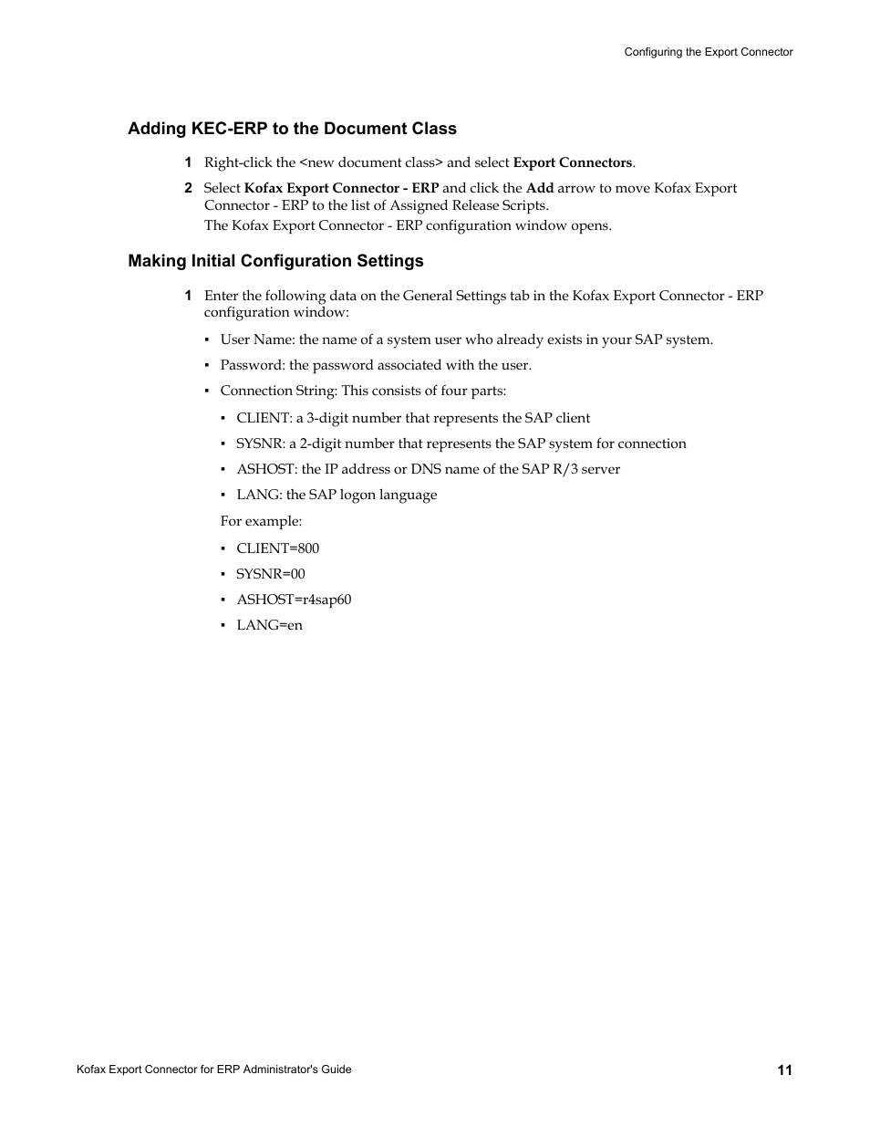 Adding kec-erp to the document class, Making initial configuration settings | Kofax Export Connector for ERP 2.4.9 User Manual | Page 11 / 84