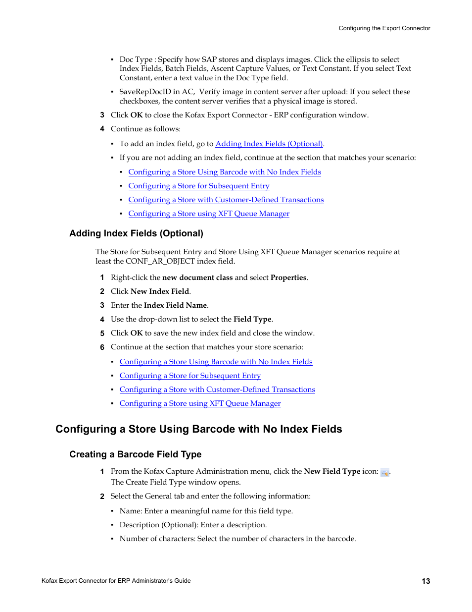 Adding index fields (optional), Creating a barcode field type | Kofax Export Connector for ERP 2.4.9 User Manual | Page 13 / 84