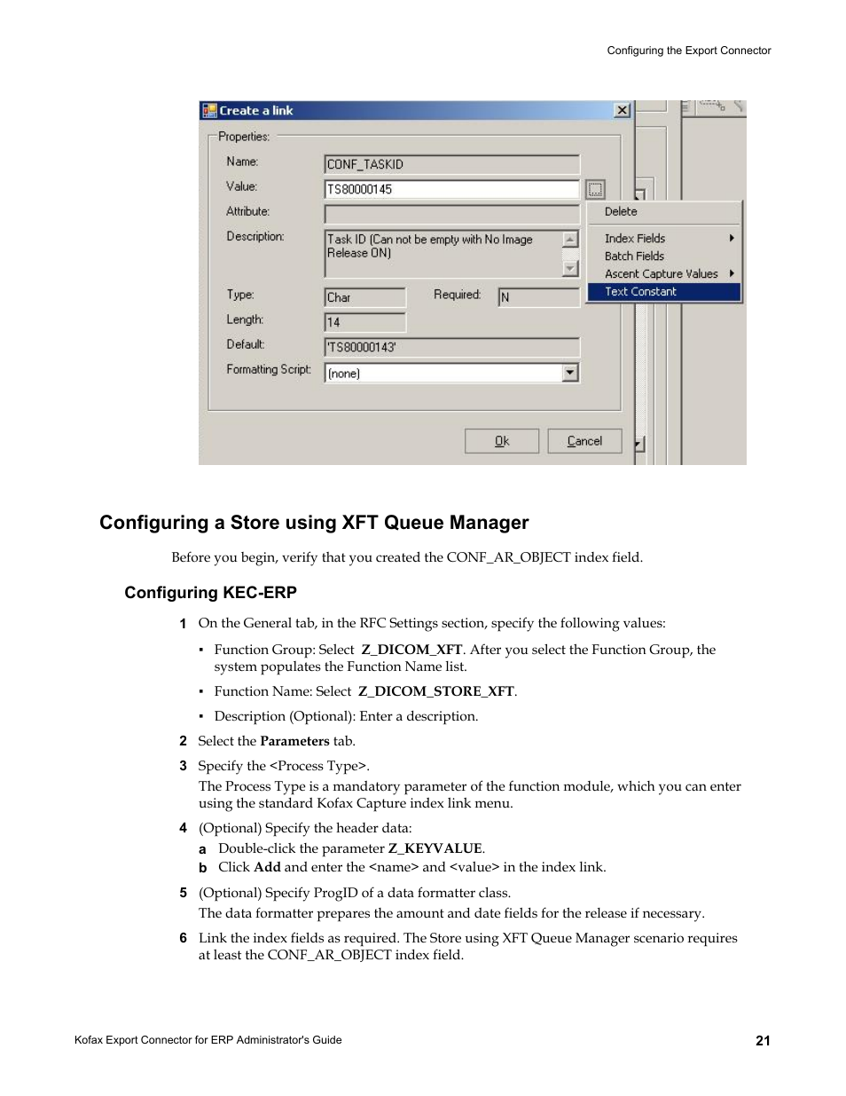 Configuring a store using xft queue manager, Configuring kec-erp | Kofax Export Connector for ERP 2.4.9 User Manual | Page 21 / 84