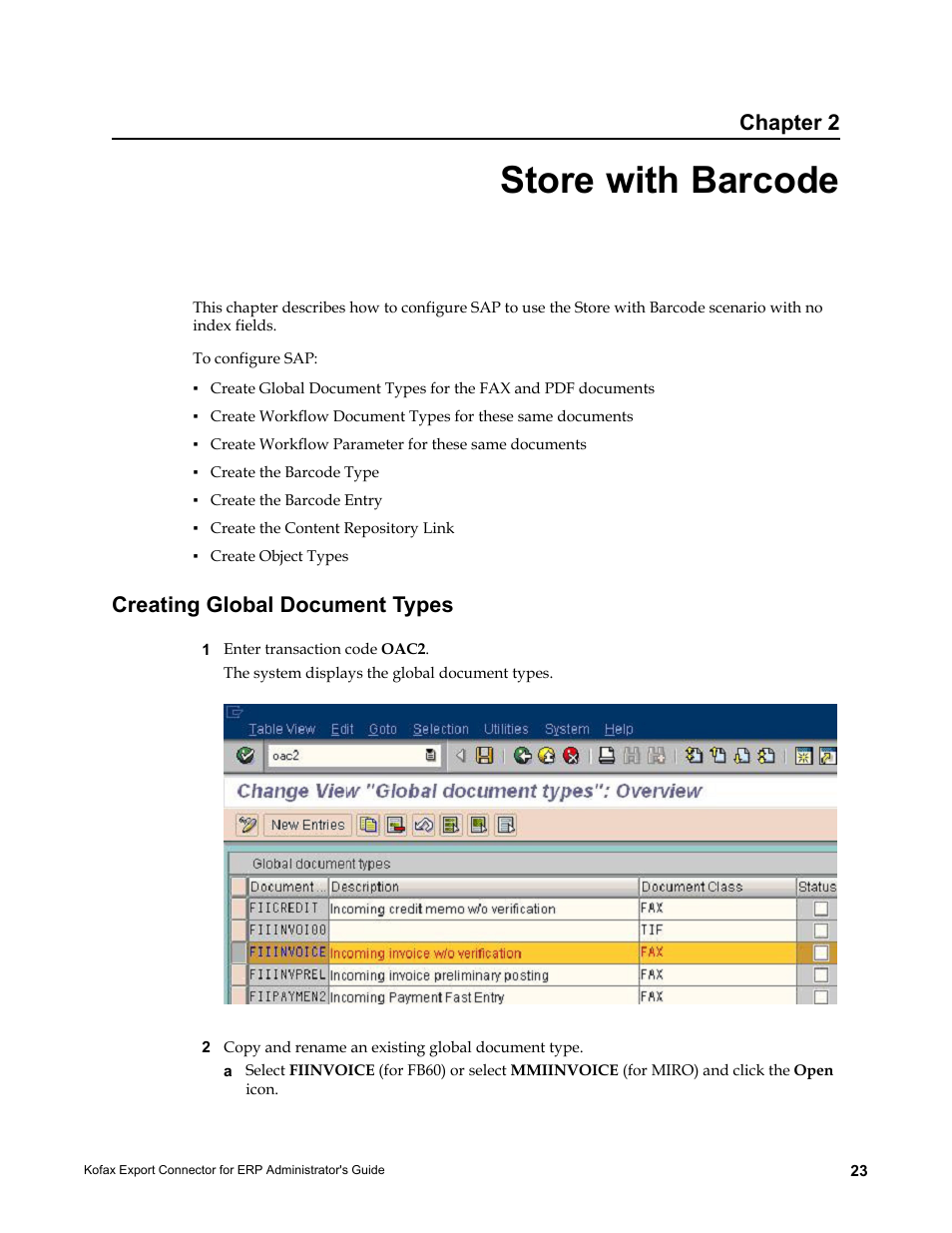 Store with barcode, Creating global document types, Chapter 2 | Kofax Export Connector for ERP 2.4.9 User Manual | Page 23 / 84