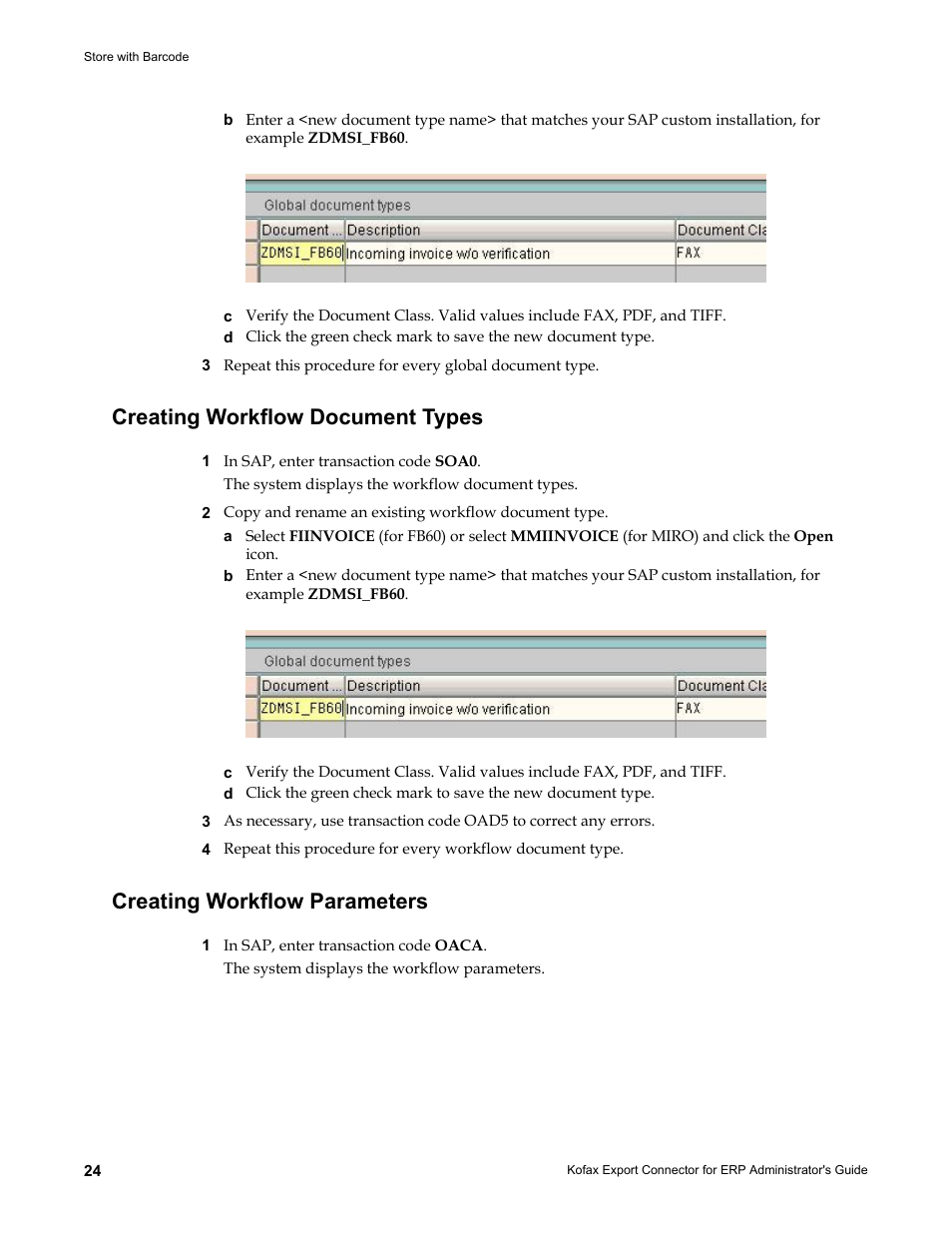 Creating workflow document types, Creating workflow parameters | Kofax Export Connector for ERP 2.4.9 User Manual | Page 24 / 84