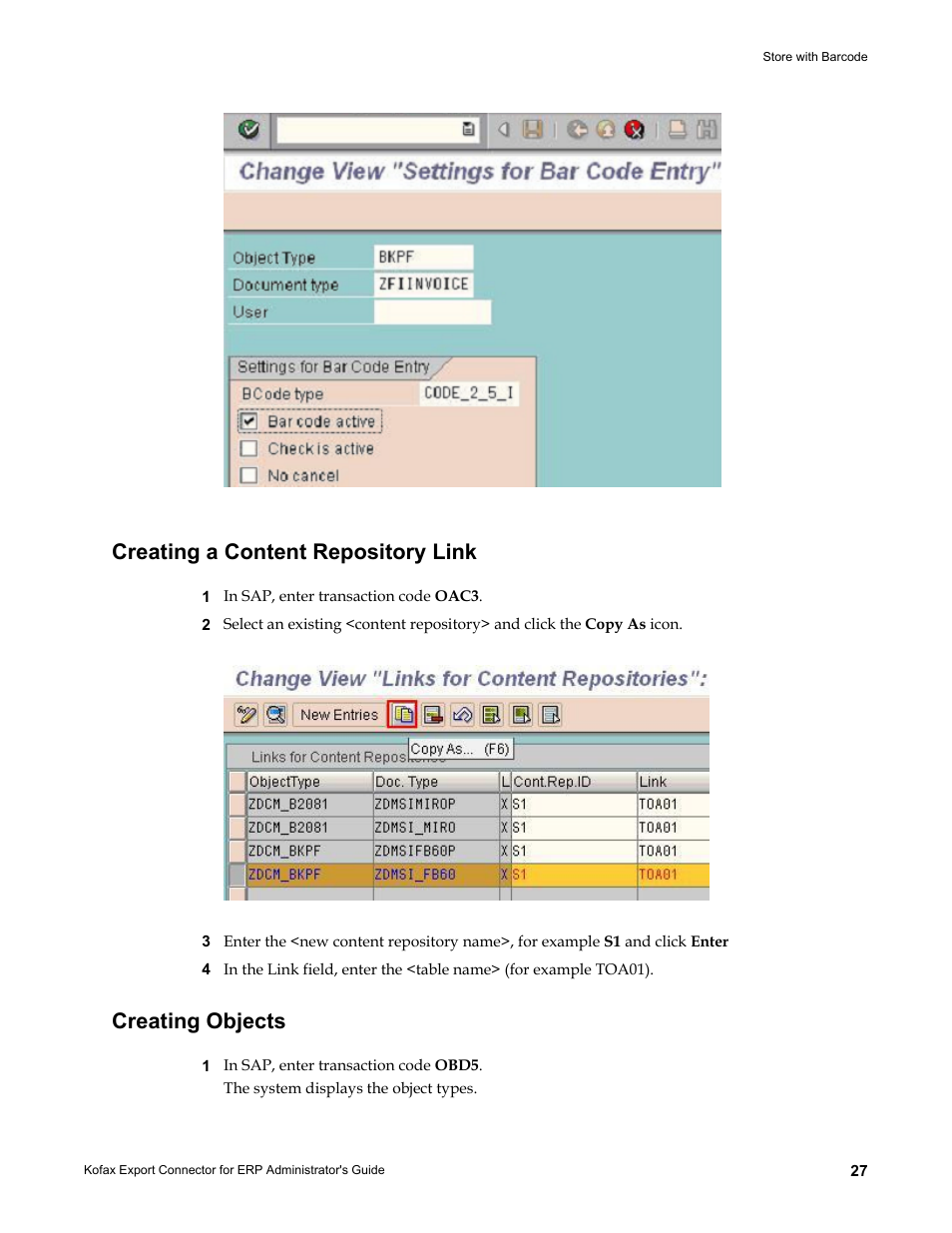 Creating a content repository link, Creating objects | Kofax Export Connector for ERP 2.4.9 User Manual | Page 27 / 84