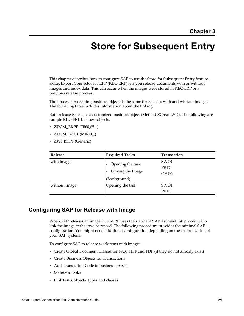 Store for subsequent entry, Configuring sap for release with image, Chapter 3 | Kofax Export Connector for ERP 2.4.9 User Manual | Page 29 / 84