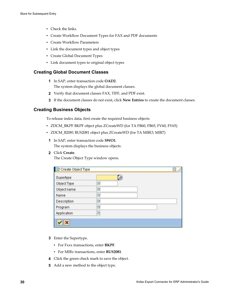 Creating global document classes, Creating business objects | Kofax Export Connector for ERP 2.4.9 User Manual | Page 30 / 84