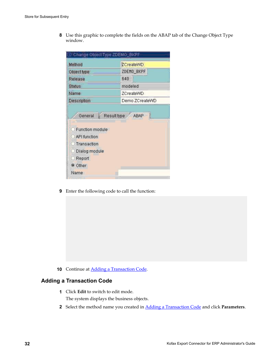 Adding a transaction code | Kofax Export Connector for ERP 2.4.9 User Manual | Page 32 / 84