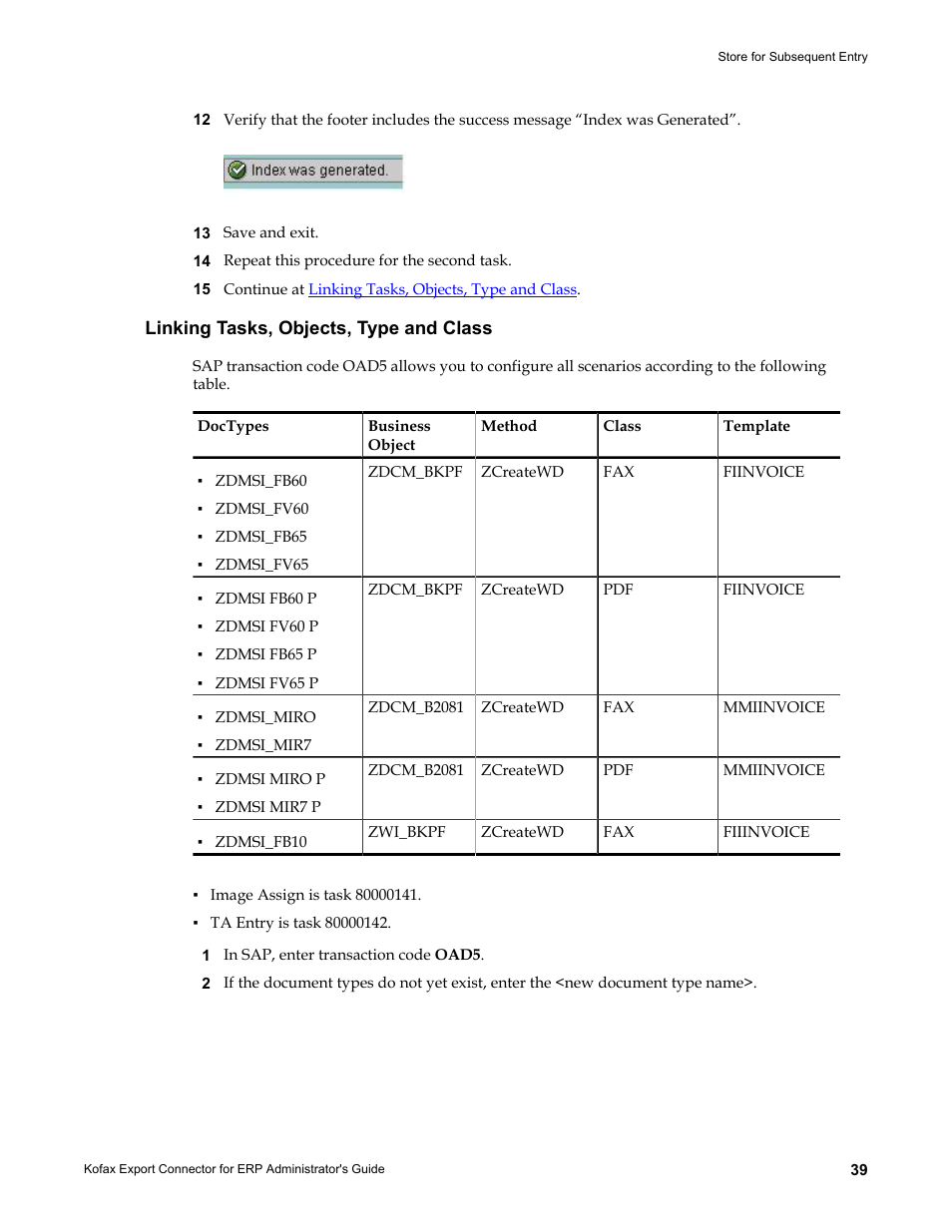 Linking tasks, objects, type and class | Kofax Export Connector for ERP 2.4.9 User Manual | Page 39 / 84