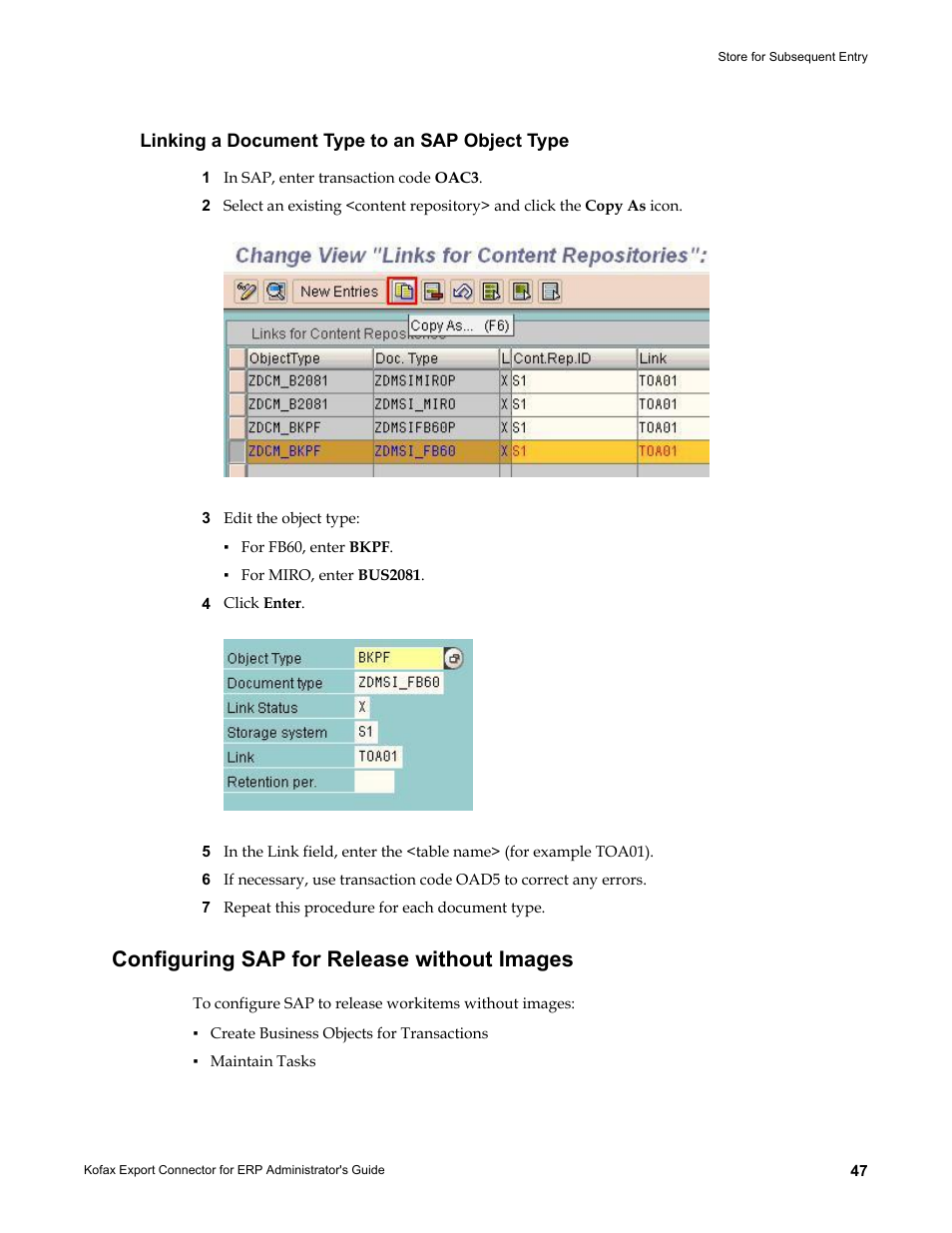 Linking a document type to an sap object type, Configuring sap for release without images | Kofax Export Connector for ERP 2.4.9 User Manual | Page 47 / 84