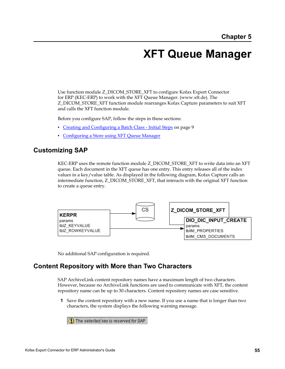 Xft queue manager, Customizing sap, Content repository with more than two characters | Chapter 5 | Kofax Export Connector for ERP 2.4.9 User Manual | Page 55 / 84