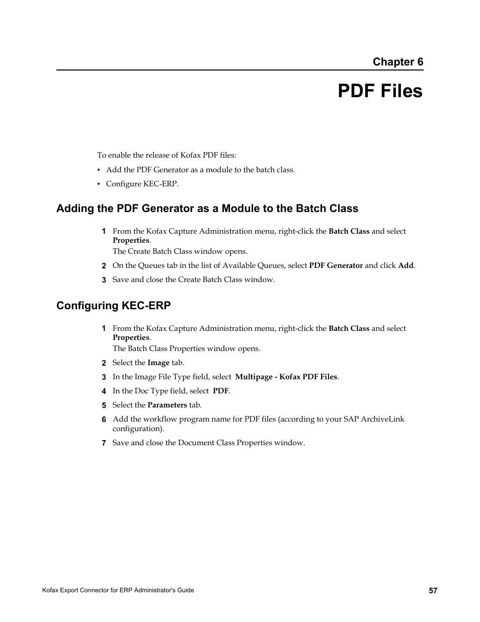 Pdf files, Configuring kec-erp, Chapter 6 | Kofax Export Connector for ERP 2.4.9 User Manual | Page 57 / 84