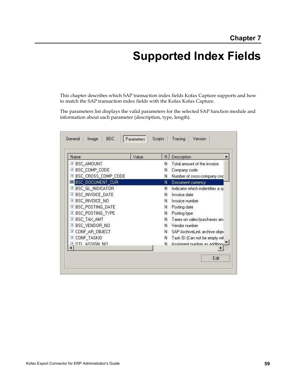 Supported index fields, Chapter 7 | Kofax Export Connector for ERP 2.4.9 User Manual | Page 59 / 84