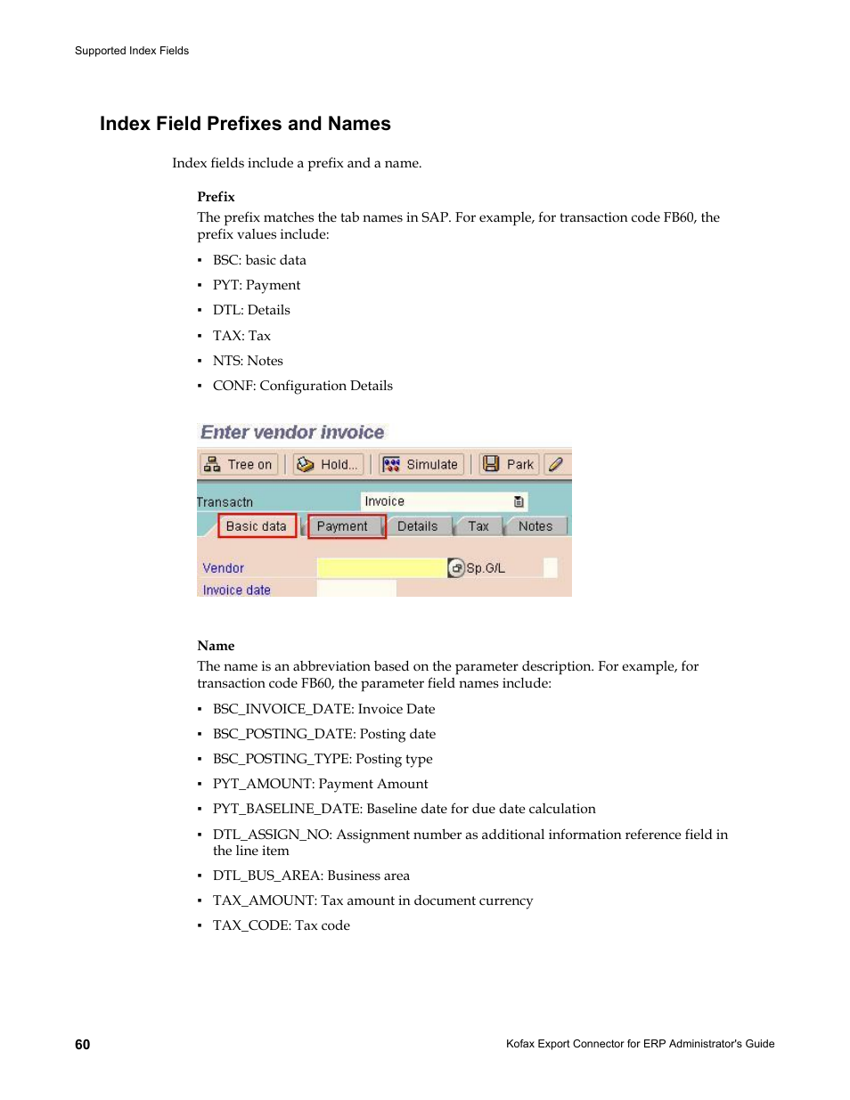 Index field prefixes and names | Kofax Export Connector for ERP 2.4.9 User Manual | Page 60 / 84