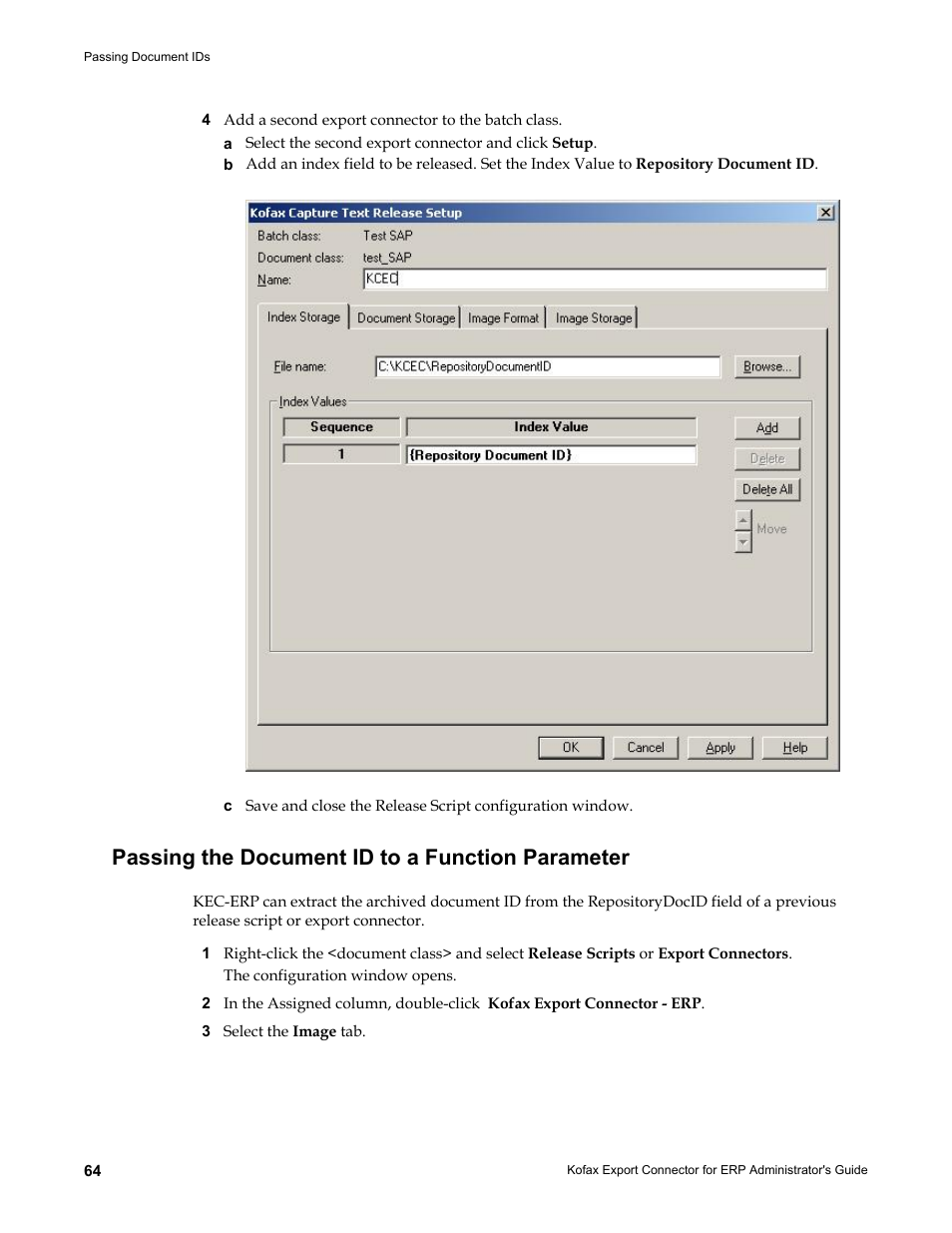 Passing the document id to a function parameter | Kofax Export Connector for ERP 2.4.9 User Manual | Page 64 / 84