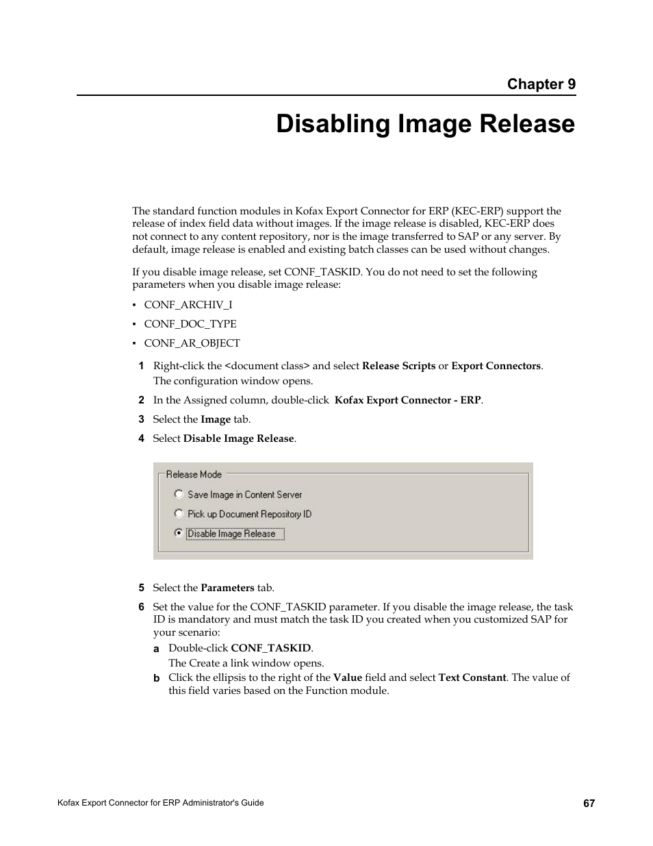 Disabling image release, Chapter 9 | Kofax Export Connector for ERP 2.4.9 User Manual | Page 67 / 84